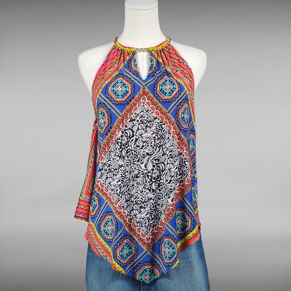 Vintage 90s Coco Bianco Halter Top Boho Scarf Print Handkerchief Blouse Multi S